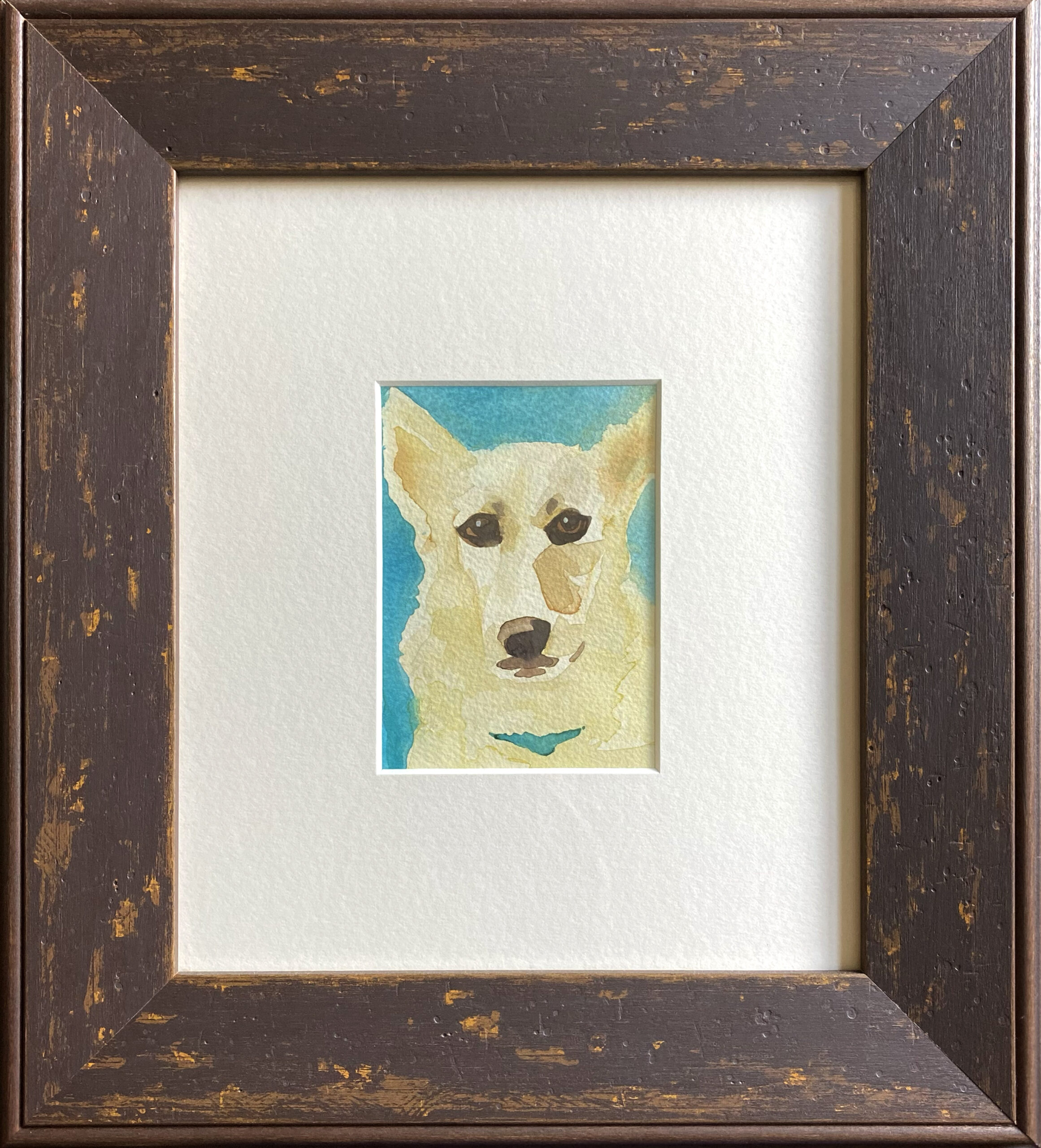Watercolor painting yellow dog framed